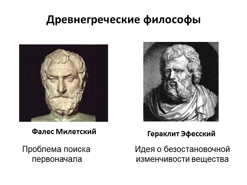 Древнегреческие философы Фалес Милетский  Гераклит Эфесский Проблема поиска  первоначала Идея о безостановочной